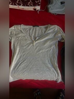 Brandy Melville Light Gray Women's Short-Sleeve Henley Top